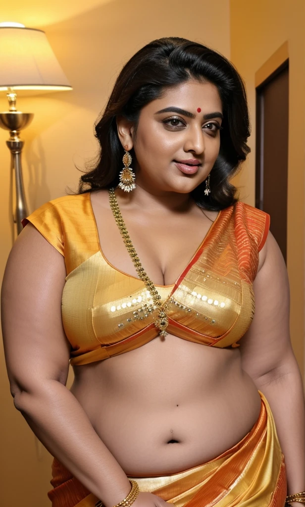 Sexy fat plus size indian bhabhi, sleeveless blouse, desi hot aunty, looks like Anushka Shetty, wearing sleeveless saree blouse, bold saree fashion, bong saree fashion, bold hot photoshoot, sexy sequin saree, she has fleshy arms and fat wide belly, sexy armpits, showing her attractive fleshy figure, 