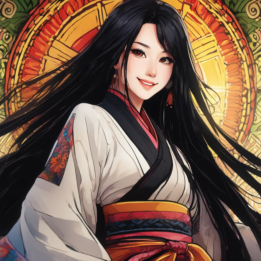 A beautiful young woman with long, silky black hair, a warm and inviting smile, and bright, happy eyes, (best1.37),1girl,beautiful detailed eyes,beautiful detailed lips,extremely detailed eyes and face,longeyelashes,demon slayer,kimetsu no yaiba,vivid colors,soft lighting,warm color tones,cinematic lighting,intricate details,highly detailed facial features,delicate skin,elegant pose,serene expression