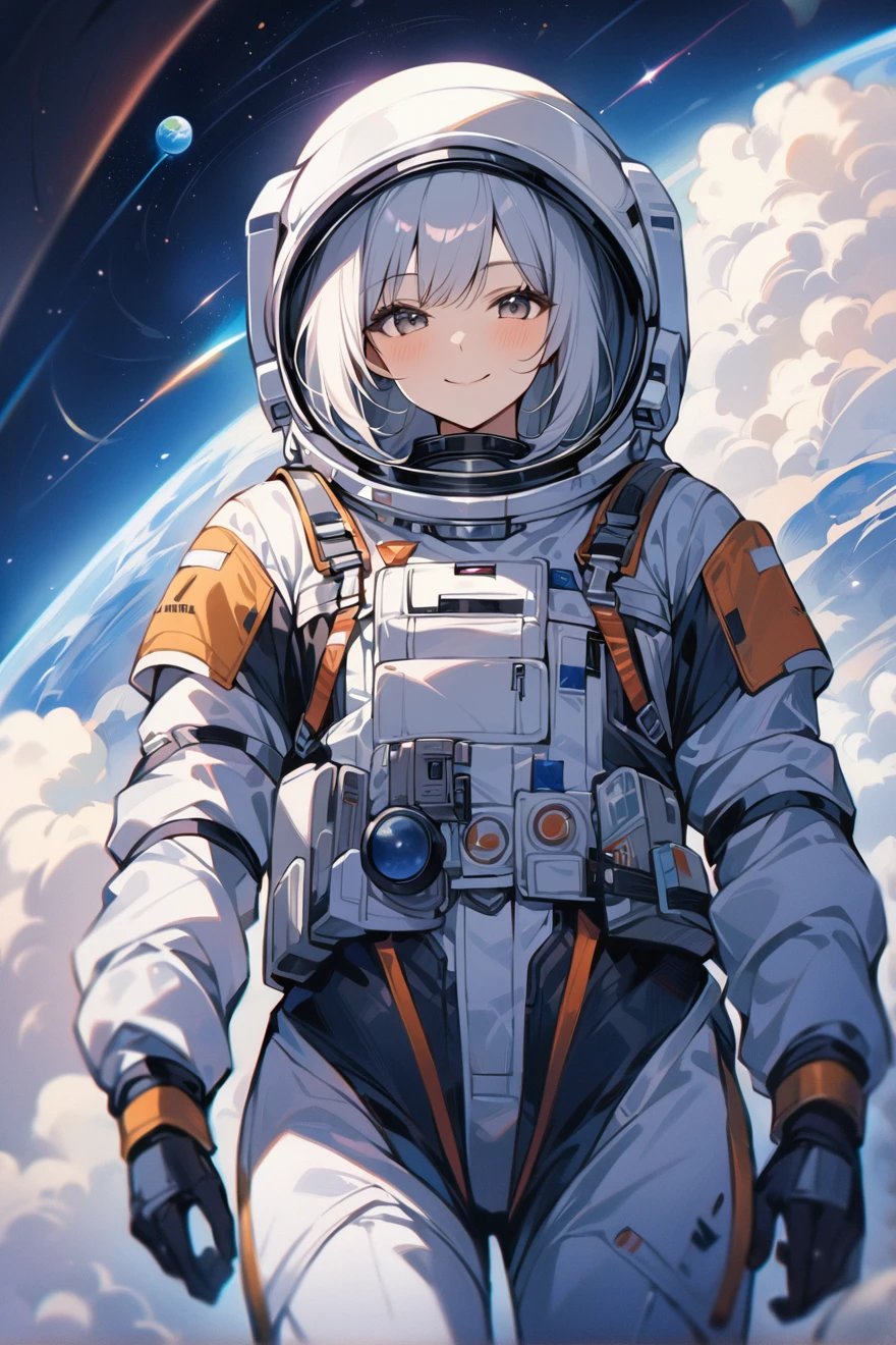 1girl, petite, absurdres, best quality, sharp focus, solo, (white hair, medium hair, messy hair, wavy hair, silver hair, ahoge:1.2), blunt bangs, blue eyes, space, (astronaut suit, space suit, astronaut, space helmet:1.25), cosmos, space, flat chest