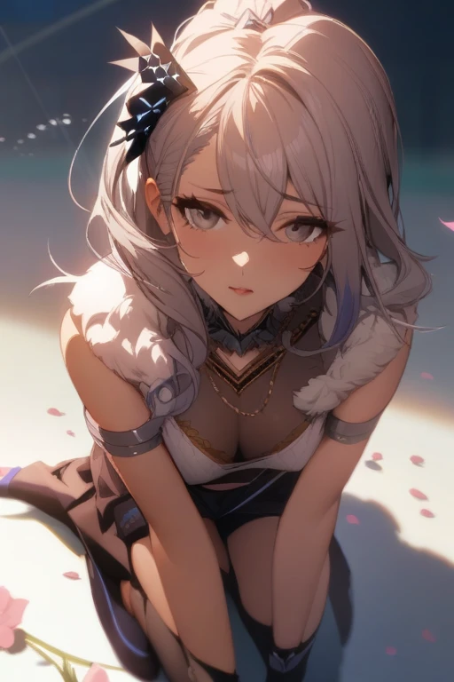 masterpiece, best quality, very aesthetic, absurdres, 1girl, mature_lady,  ,silver_wolf, gray eyes, high ponytail,,surrounding by flowers,falling_petals, outdoors, petals,,,blur background,background defocus,floating hair,
