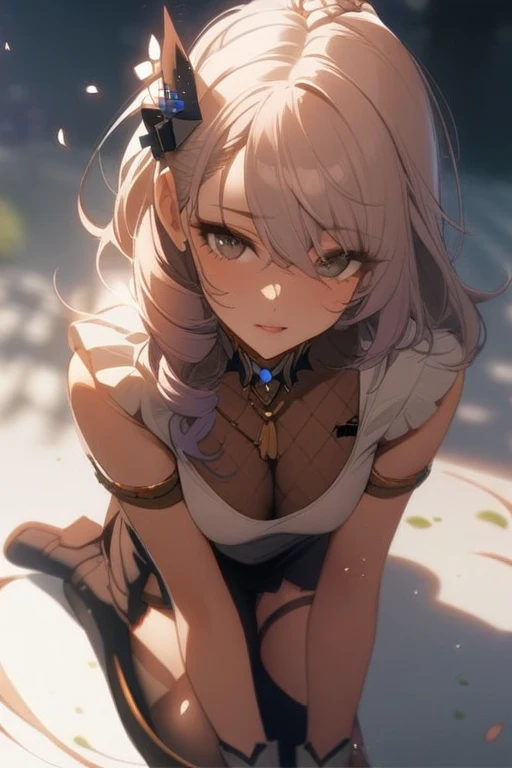 masterpiece, best quality, very aesthetic, absurdres, 1girl, mature_lady, ,silver_wolf, gray eyes, high ponytail,,surrounding by flowers,falling_petals, outdoors, petals,,,blur background,background defocus,floating hair,