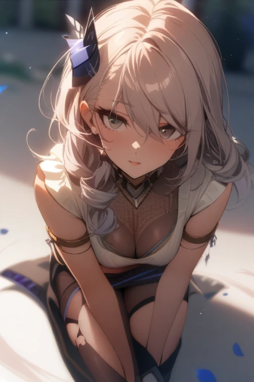masterpiece, best quality, very aesthetic, absurdres, 1girl, mature_lady, ,silver_wolf, gray eyes, high ponytail,,surrounding by flowers,falling_petals, outdoors, petals,,,blur background,background defocus,floating hair,