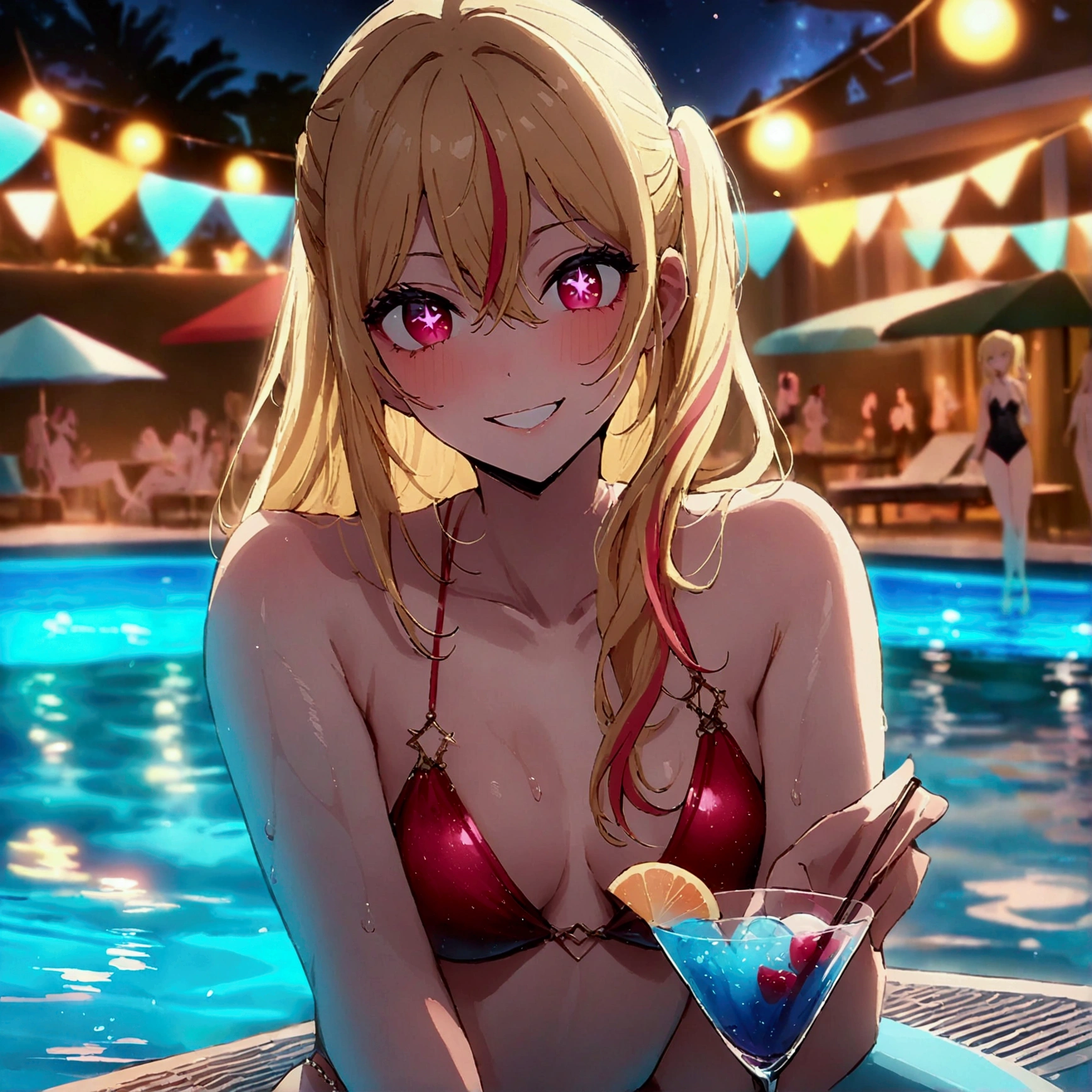 night pool, luxurious pool party venue with a large crowd, hoshinoruby, star-shaped pupils, ruby_hoshino, idol, blonde hair, bangs, pink eyes, long hair, looking at viewer, red eyes, streaked hair, hair between eyes, left side ponytail, medium breasts, finely detailed skin, grin, luxury swimsuit, (best quality, masterpiece, high quality, extremely detailed CG unity 8k wallpaper, intricate details), light particles, only a few beach balls in pool, caustics, (legs together, sitting), poolside tables and chairs, glass of cocktail,