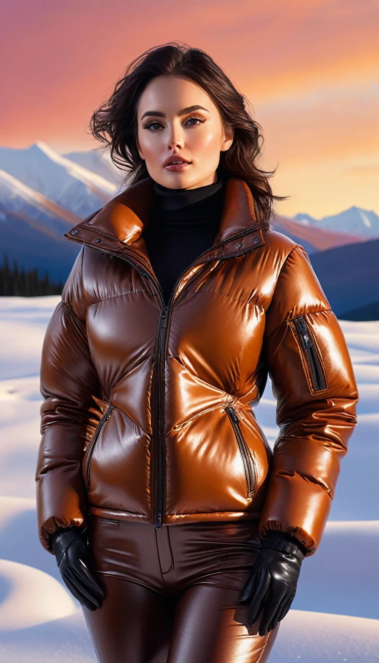 photorealism, upper body shot, a beautiful woman, (brown eyes) leather puffer down jacket & latex pants, leather choker, beautiful look, warm dreamy lighting, white background, volumetric lighting, Alaskan resort landscape sunset background, pulp adventure style, fluid acrylic, dynamic gradients, vivid color, highly detailed, simple, smooth and clean, smooth, character design, 3d shading, cinematic, ornate patterns, elegant organic framing, hyperrealism, posterized, collection of masterpieces, lush vivid colors, twilight, wet gouache