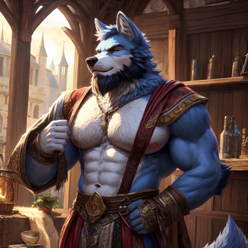 ((best quality)), ((masterpiece)), (Ultra detailed), ((4k)) Solo , Anthro Wolf , Light Blue Fur , Short Hair , Beard , Middle Ages , Big Pecs , No Six Pack