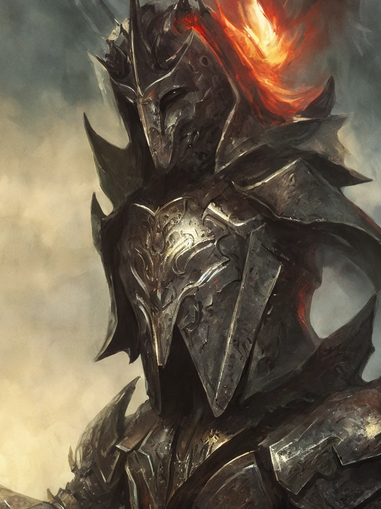 Close-up of a handsome but creepy knight from hell, on a battlefield, wearing intricate dark armor, horror concept art, dark fairytale atmosphere, Johan Grenier style, Alyssa Monks style