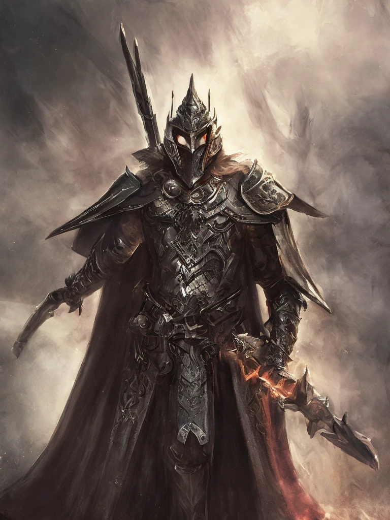 Close-up of a handsome but creepy knight from hell, on a battlefield, wearing intricate dark armor, horror concept art, dark fairytale atmosphere, Johan Grenier style, Alyssa Monks style