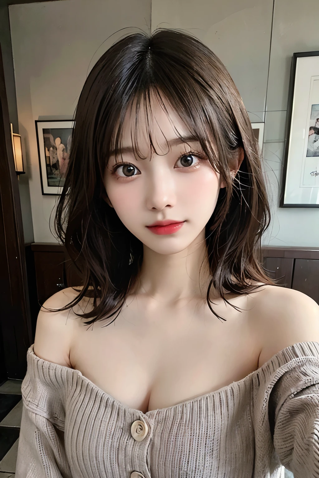 ((best quality)), ((masterpiece)), (detailed), perfect face. Asian girl. Selfie. Off shoulder sweater. Bedroom wall. .