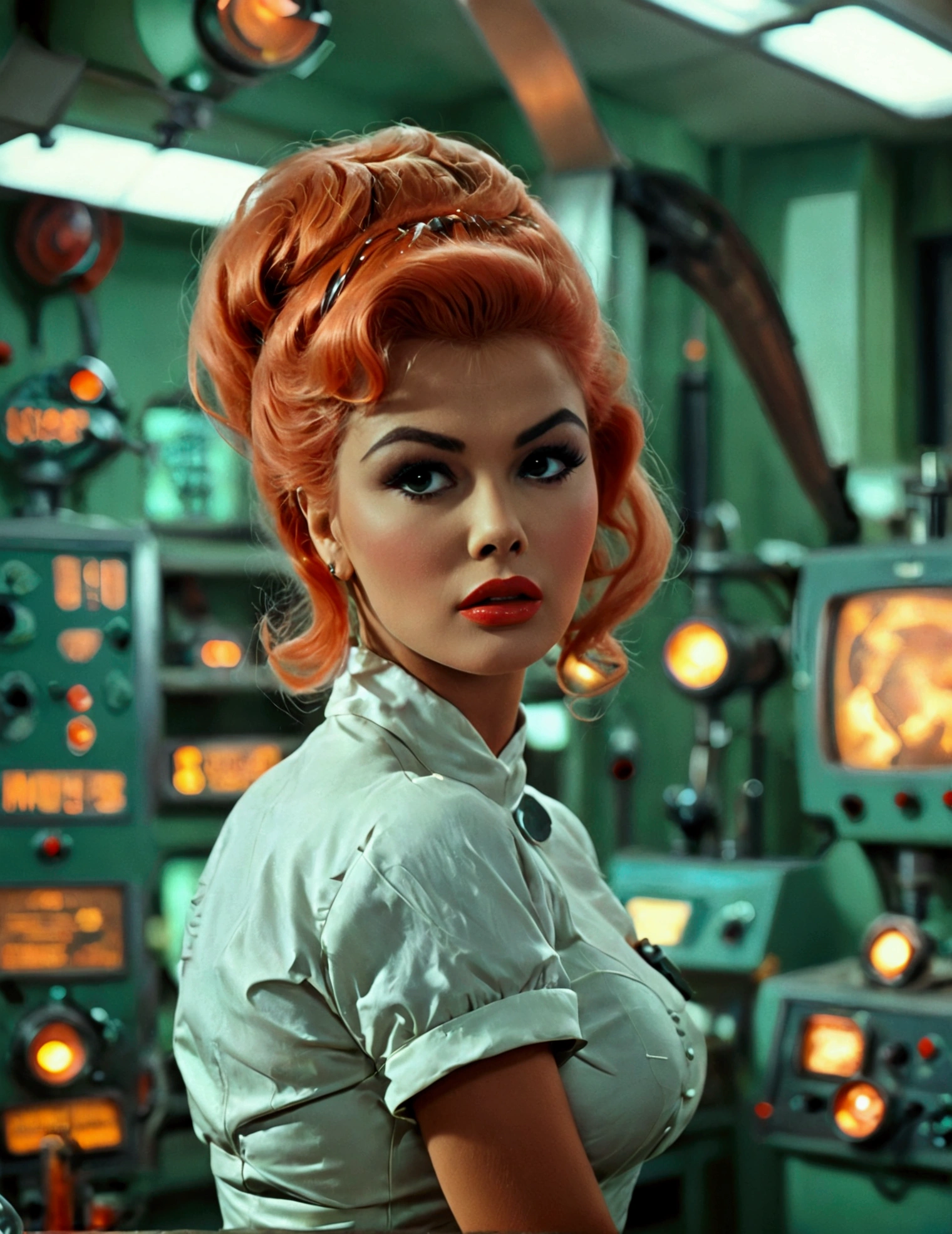 jayne mansfield (age 25, young and vibrant, sexy sci fi scientist), damsel in distress, recoiling from a terrible monster. science lab 1960s sci fi cinema. Show all of her, full body shown