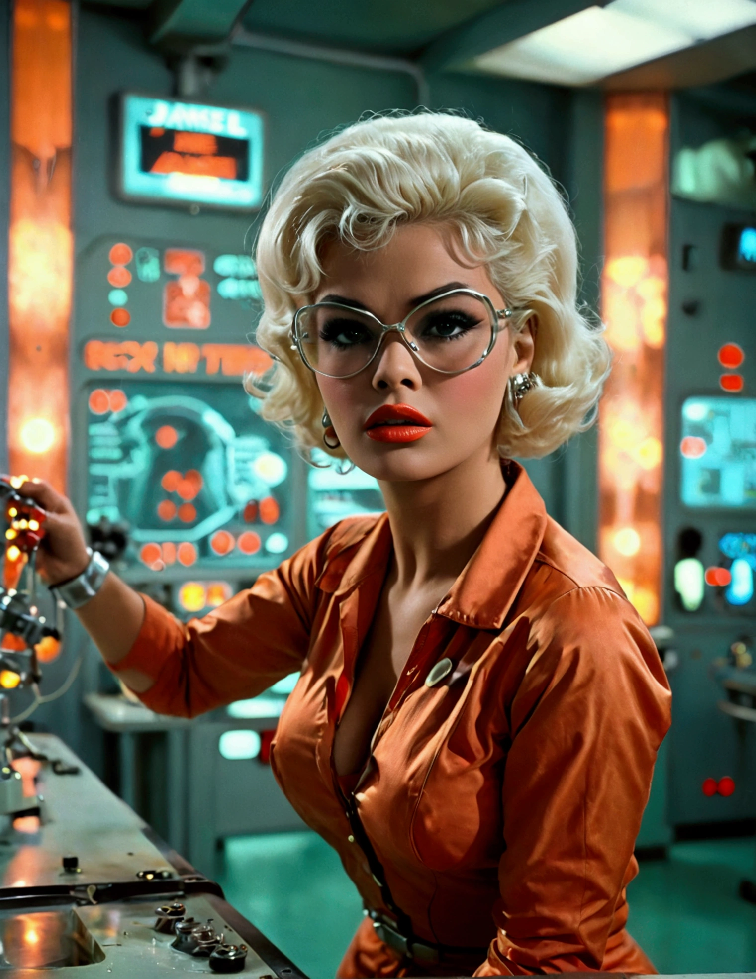 jayne mansfield (age 25, young and vibrant, sexy sci fi scientist), damsel in distress, recoiling from a terrible monster. science lab 1960s sci fi cinema. Show all of her, full body shown
