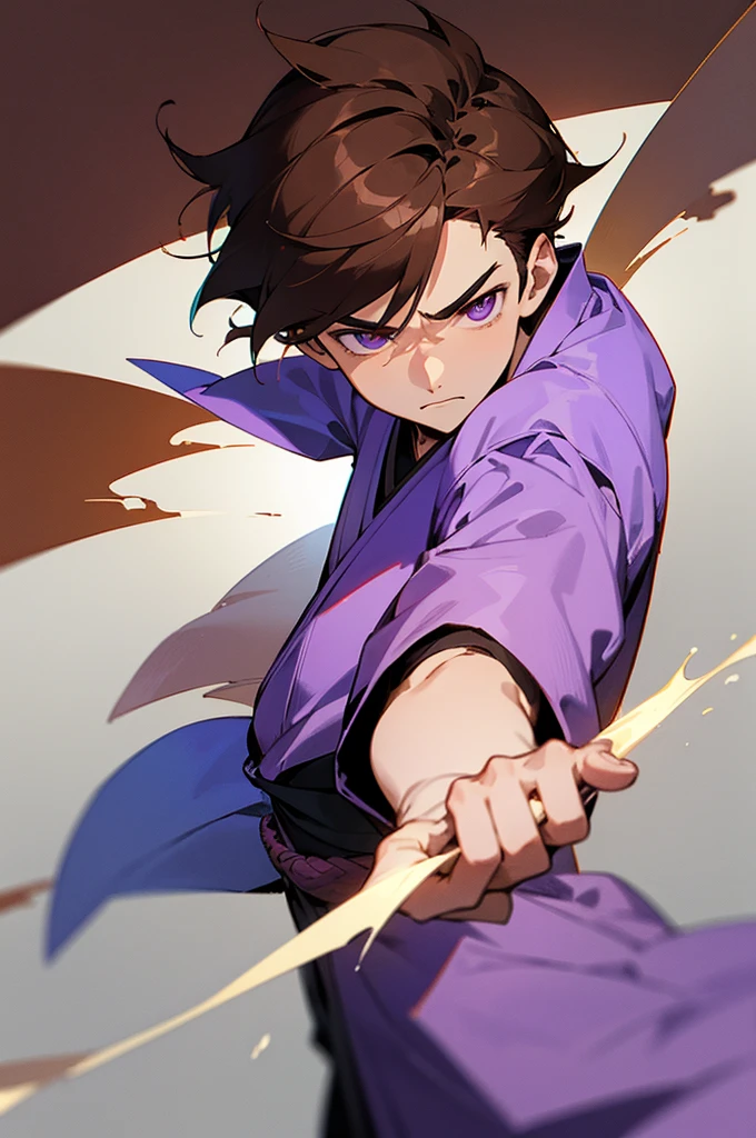 Develop a Japanese-style drawing, characterized by characteristic feature and visual simplicity. The drawing depicts a young male, that exudes confidence and leadership. He is wearing a purple shirt and has purple pupils, with brown hair. Use shading to add depth and texture to the scene, emphasizing the emotional gravity of the moment. The background should be simple, highlighting the character in the center of the composition. Make sure you capture the essence of the character&#39;s dominant and charismatic personality through pose and facial expression..