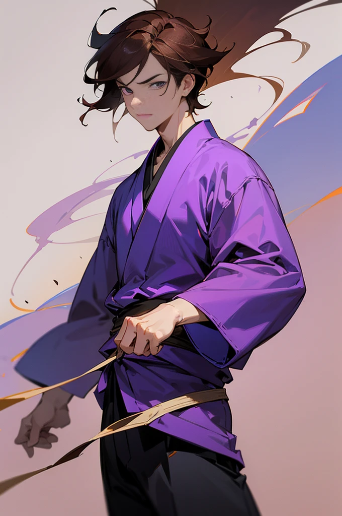 Develop a Japanese-style drawing, characterized by characteristic feature and visual simplicity. The drawing depicts a young male, that exudes confidence and leadership. He is wearing a purple shirt and has purple pupils, with brown hair. Use shading to add depth and texture to the scene, emphasizing the emotional gravity of the moment. The background should be simple, highlighting the character in the center of the composition. Make sure you capture the essence of the character&#39;s dominant and charismatic personality through pose and facial expression..