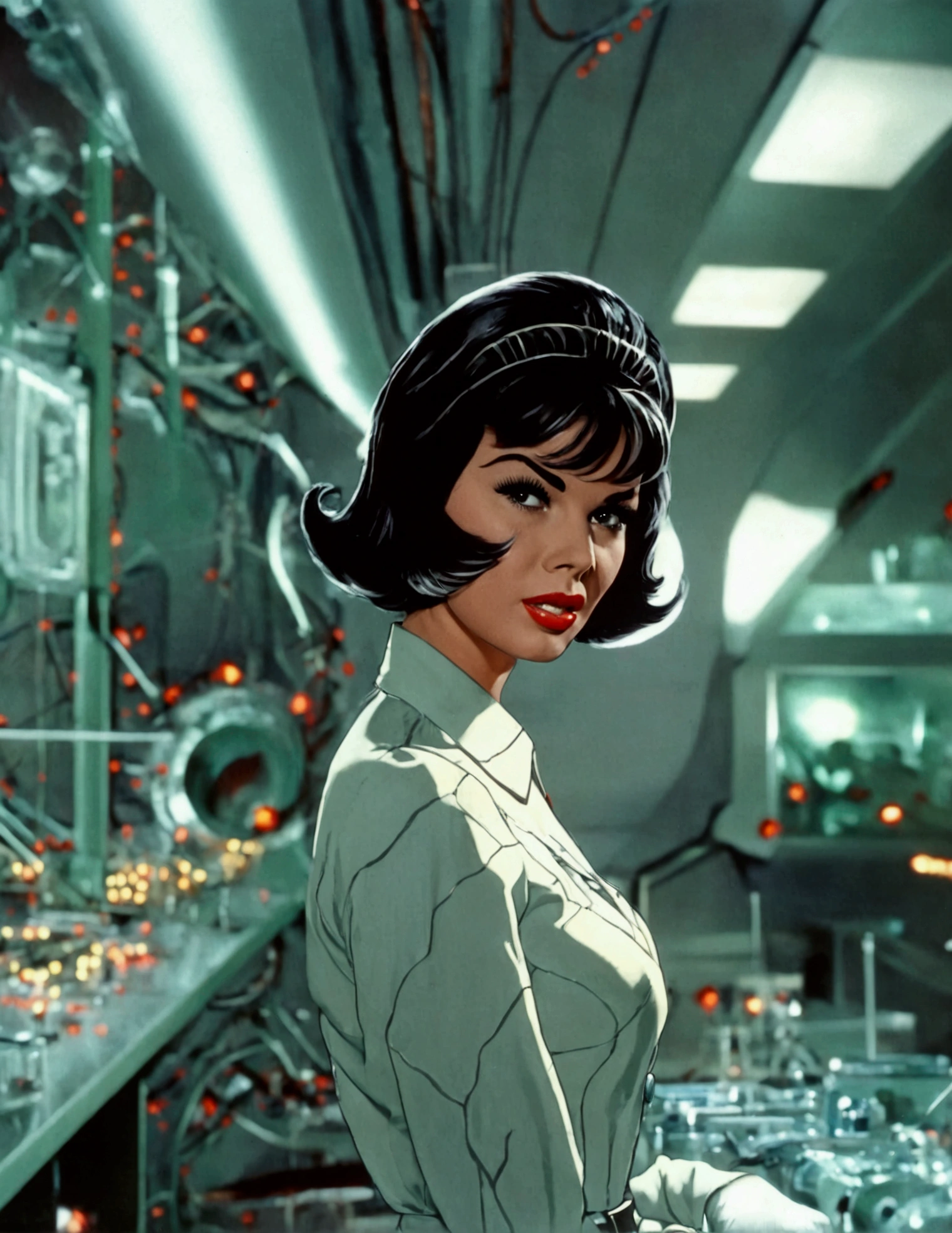 jayne mansfield (age 25, young and vibrant, sexy sci fi scientist), damsel in distress, recoiling from a terrible monster. science lab 1960s sci fi cinema. Show all of her, full body shown
