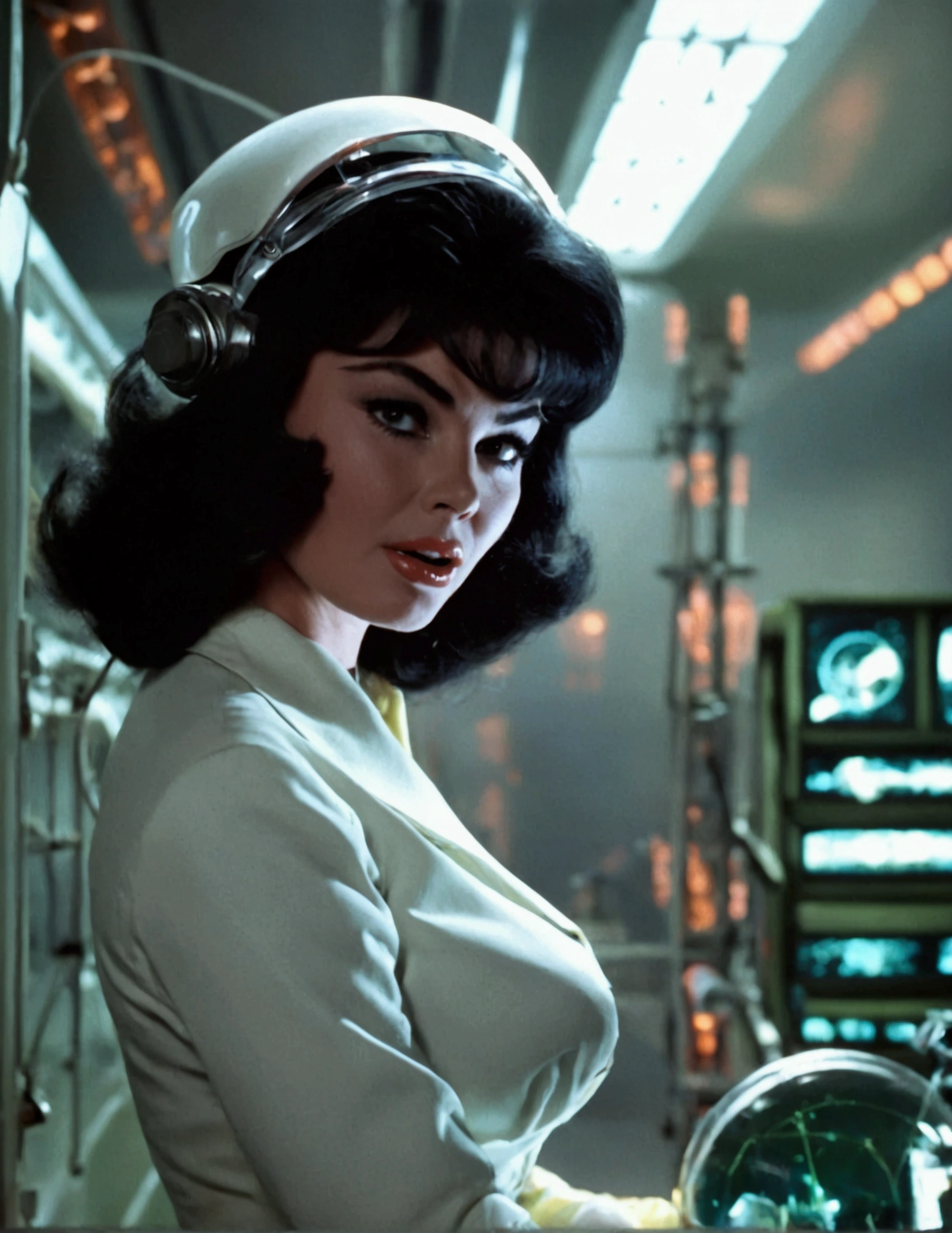 jayne mansfield (age 25, young and vibrant, sexy sci fi scientist), damsel in distress, recoiling from a terrible monster. science lab 1960s sci fi cinema. Show all of her, full body shown