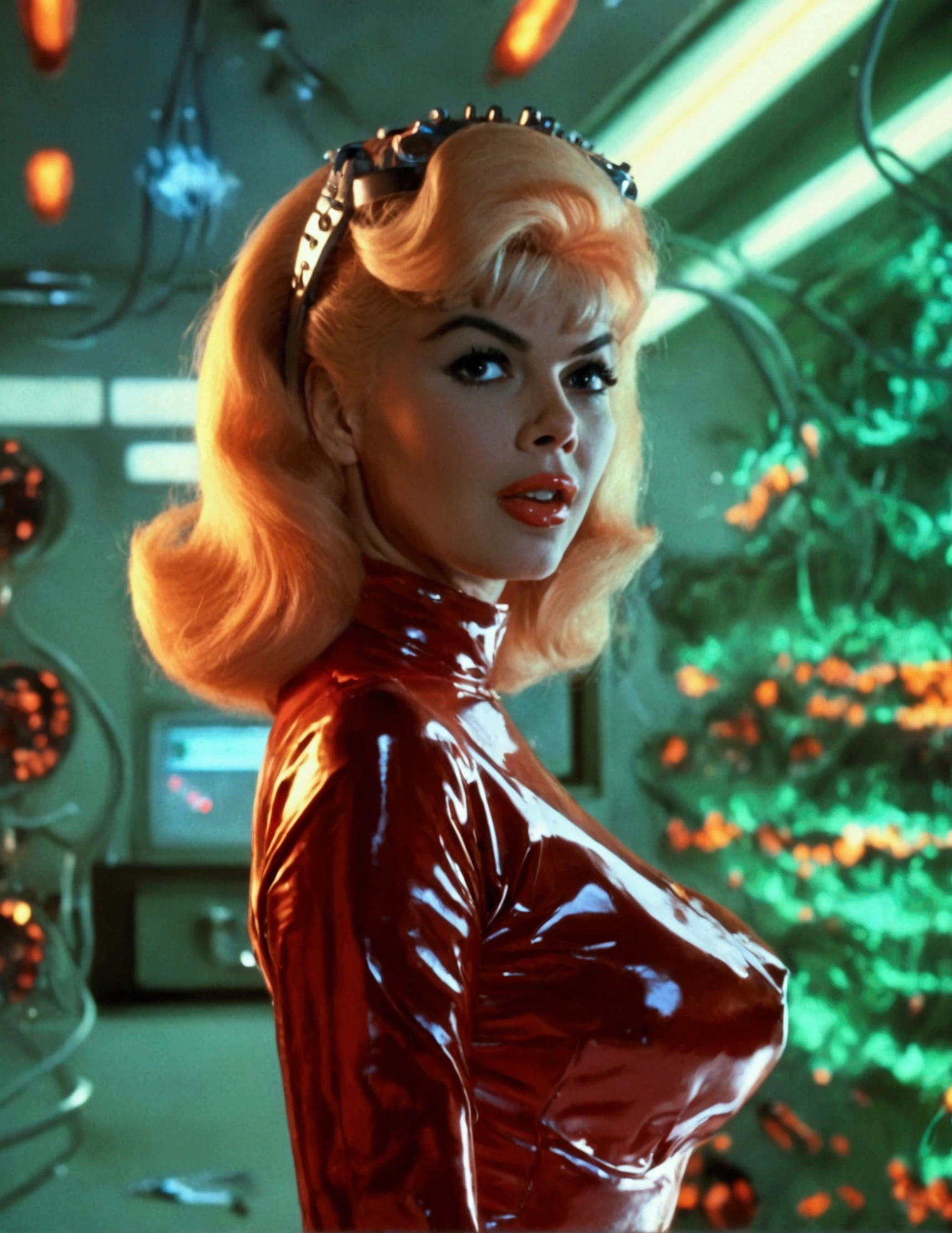 jayne mansfield (age 25, young and vibrant,  sci fi scientist), damsel in distress, recoiling from a terrible monster. science lab 1960s sci fi cinema. Show all of her, full body shown
