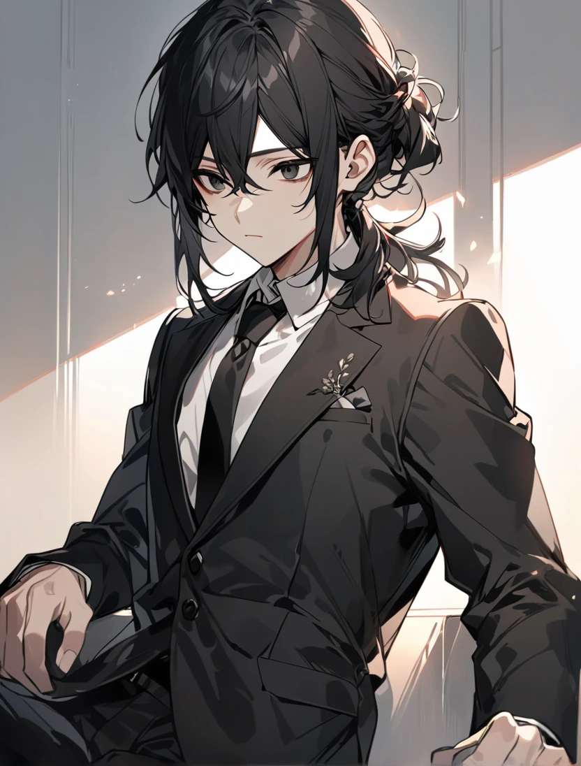 (black_hair), (long_male_hair), (deep_black_eyes), (high_detailed_eyes), (attractive), (emotionless), (male), (wearing _a_black_suit), (long_male_hair), (detailed_Hair), (detailed), (detailed_mouth), (young)