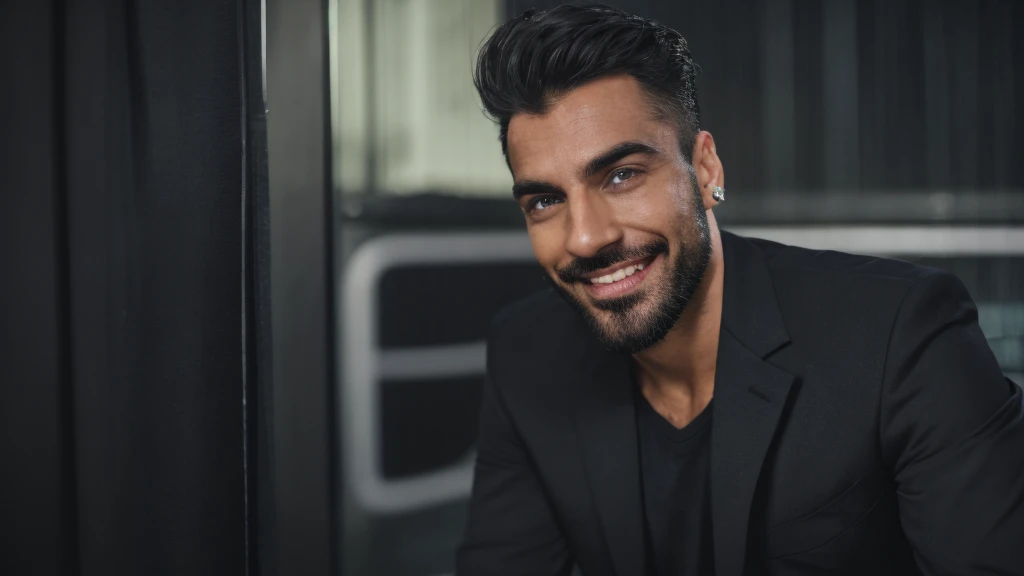 Create a dark, handsome man with a loud sarcastic smile wearing a black suit, well-combed hair with piercing gaze, it's in the middle of the night, a gloomy and rainy night