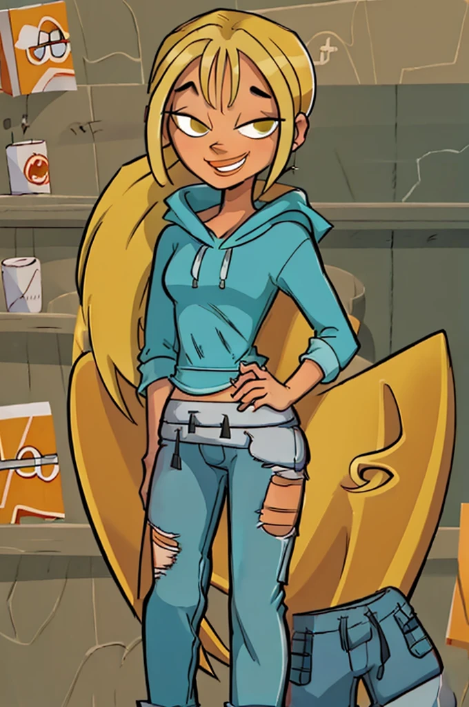 ((masterpiece,best quality)), absurdres,
Bridgette_Total_Drama, denim, hoodie, 
solo, smiling, looking at viewer, cowboy shot, 
cinematic composition, contrapposto, hawk tuah meme, spit on that thing meme, meme, funny
