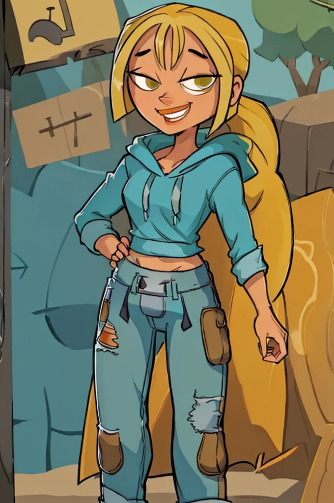 ((masterpiece,best quality)), absurdres,
Bridgette_Total_Drama, denim, hoodie, 
solo, smiling, looking at viewer, cowboy shot, 
cinematic composition, contrapposto, hawk tuah meme, spit on that thing meme, meme, funny