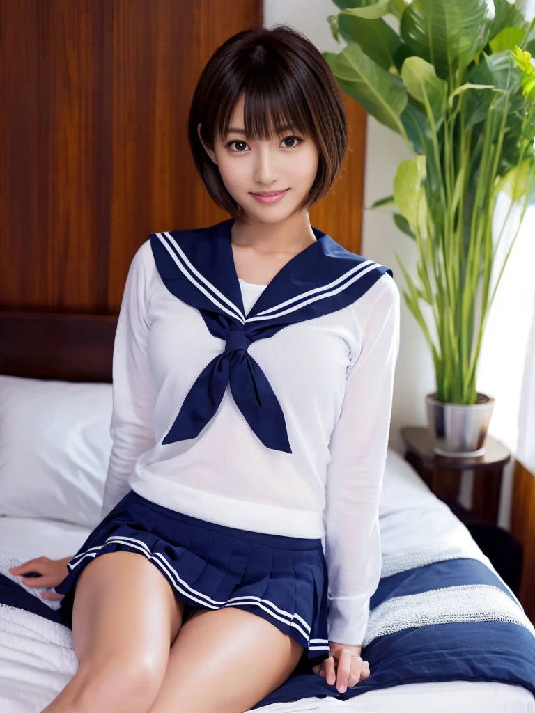 (Super reality:1.2), (digital art, digital illustration, 4k, 8k, Super detailed, beautiful images, clear image, (realistic), (RAW photo:1.3), perfect face, perfect lines, perfect eyes, Accurate body shape,   dark lighting) , 1 Japanese cute girl after school, solo, school uniform, (sailor suit, serafuku:1.3), (short cut hair style:1.3), Beautiful face, amateur girl, sexy gyaru:1.3, ((showing panties)), so japanese young Idol, full chest, slim body style,  (Inside the hotel, American size bed room, Antique furniture),  Precise arms, precise hands and fingers, Beautiful hands and fingers, small smile, Beautiful thighs, (cowgirl position, open legs, on bed), for back side