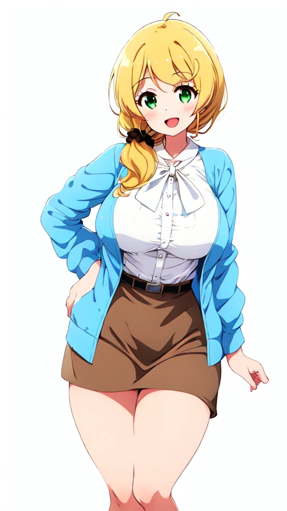 (Highly detailed CG,Highest quality,8k, masterpiece: 1.3),Super Detail, Ultra-high resolution, ((simple white background)), Ellen Baker,girl(teacher),22 years old,Green Eye,Delicate eyes, hair(bionde,length,Loose Side Tail), skin(shiny, oily), (White transparent blouse),(Light blue cardigan), (light brown mini skirt), (Cute pink panties), (thin:1.4), (huge breasts, bursting breast), (narrow waist:1.4), (wide hips), ((voluptuous thighs, thick thighs)), (from side:0.8), Embarrassed look, blush, bare legs, nsfw,