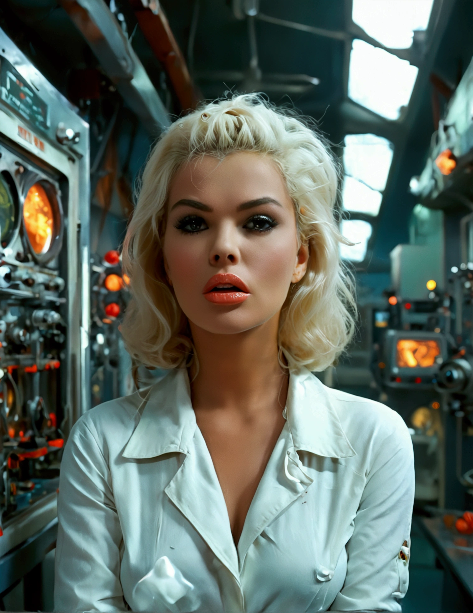jayne mansfield (age 25, young and vibrant, sexy sci fi scientist), damsel in distress, recoiling from a terrible monster. science lab 1960s sci fi cinema. Show all of her, full body shown
