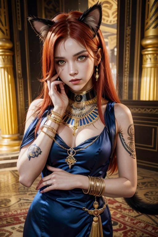 feline woman, with cat ears and tail, realistic hands, Red hair, bright yellow eyes, with royal blue egyptian dress, lots of jewelry, tattoos with ancient symbols, hyper detailled, hyperrealisti, intricate, 32k, photorealism style