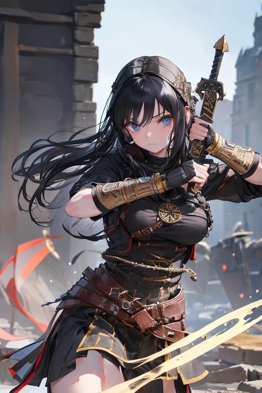 A black-haired girl wears viking helmet wields the Heavy Thrusting Swords from within the Elden Ring in a reverse grip.