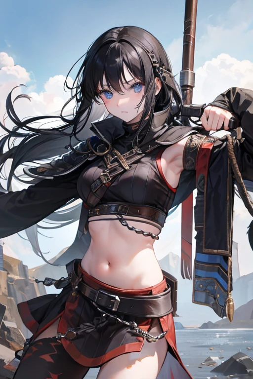A black-haired girl wears viking helmet wields the Heavy Thrusting Swords from within the Elden Ring in a reverse grip.