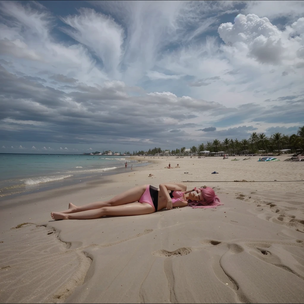 girl 21 years old, short shoulder-length pink hair, pink hair, bikini outfit, black bikini. is sunbathing on the beach