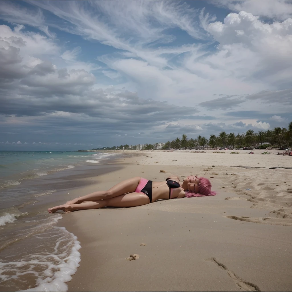 girl 21 years old, short shoulder-length pink hair, pink hair, bikini outfit, black bikini. is sunbathing on the beach