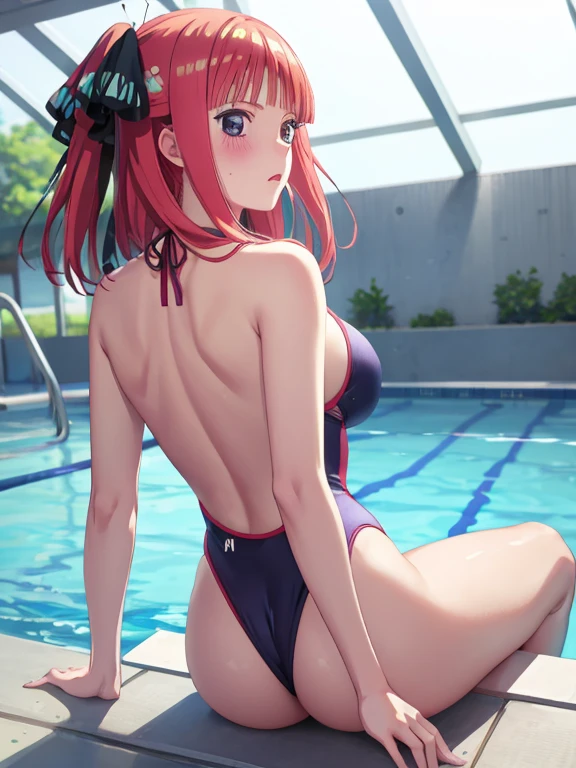 best quality, insanely detailed, nino nakano, one piece swimsuit, breasts, blush, swimming pool background, back style