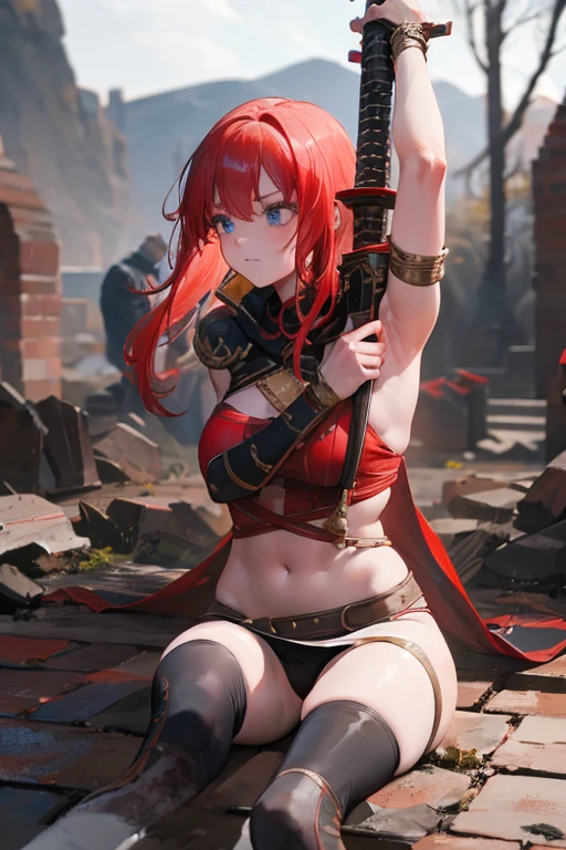 A red-haired girl wields the Heavy Thrusting Swords from within the Elden Ring in a reverse grip.