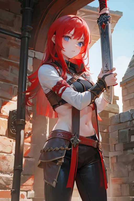 A red-haired girl wields the Heavy Thrusting Swords from within the Elden Ring in a reverse grip.