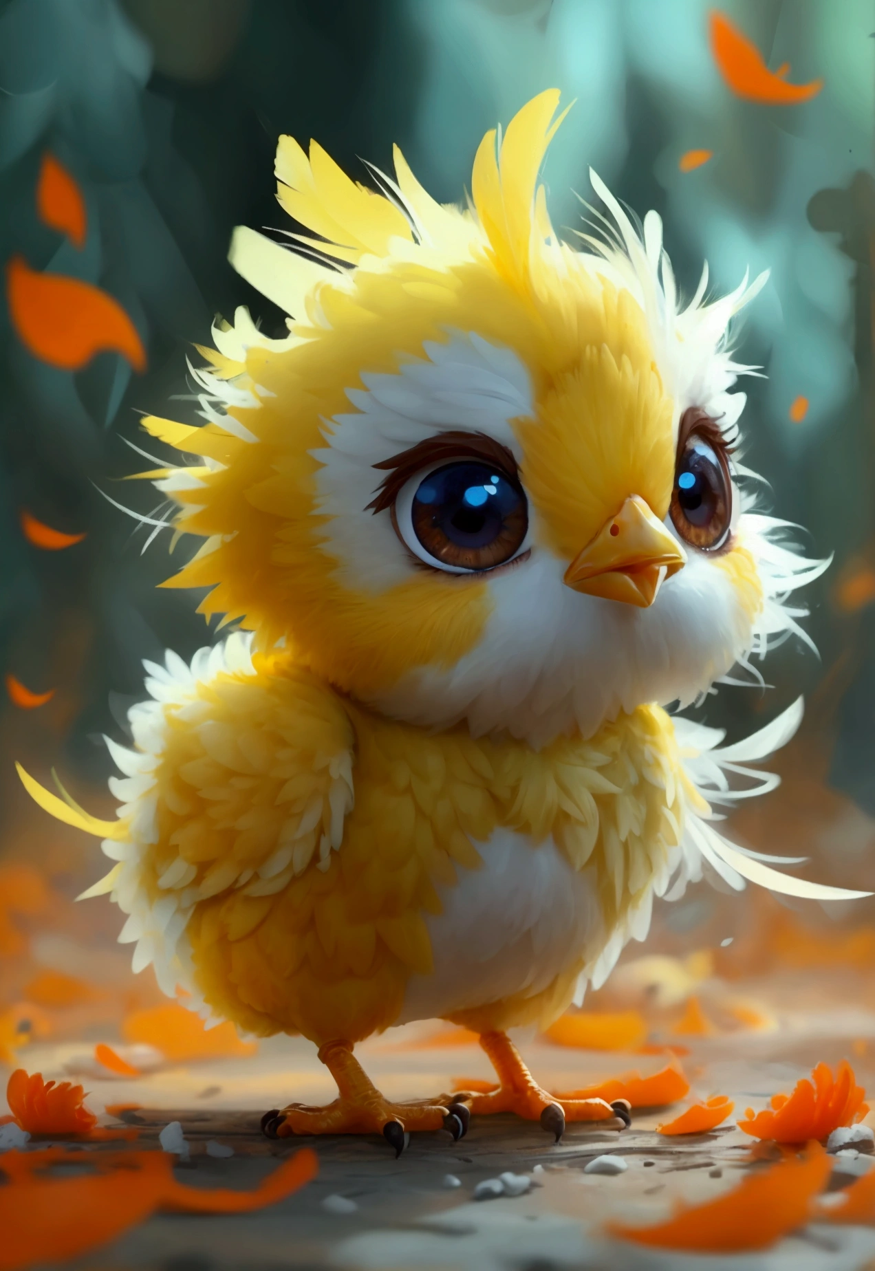 Adorable male chick character, big expressive eyes, fluffy yellow feathers, tiny orange beak, cartoon style, cute and memorable, masterpiece quality