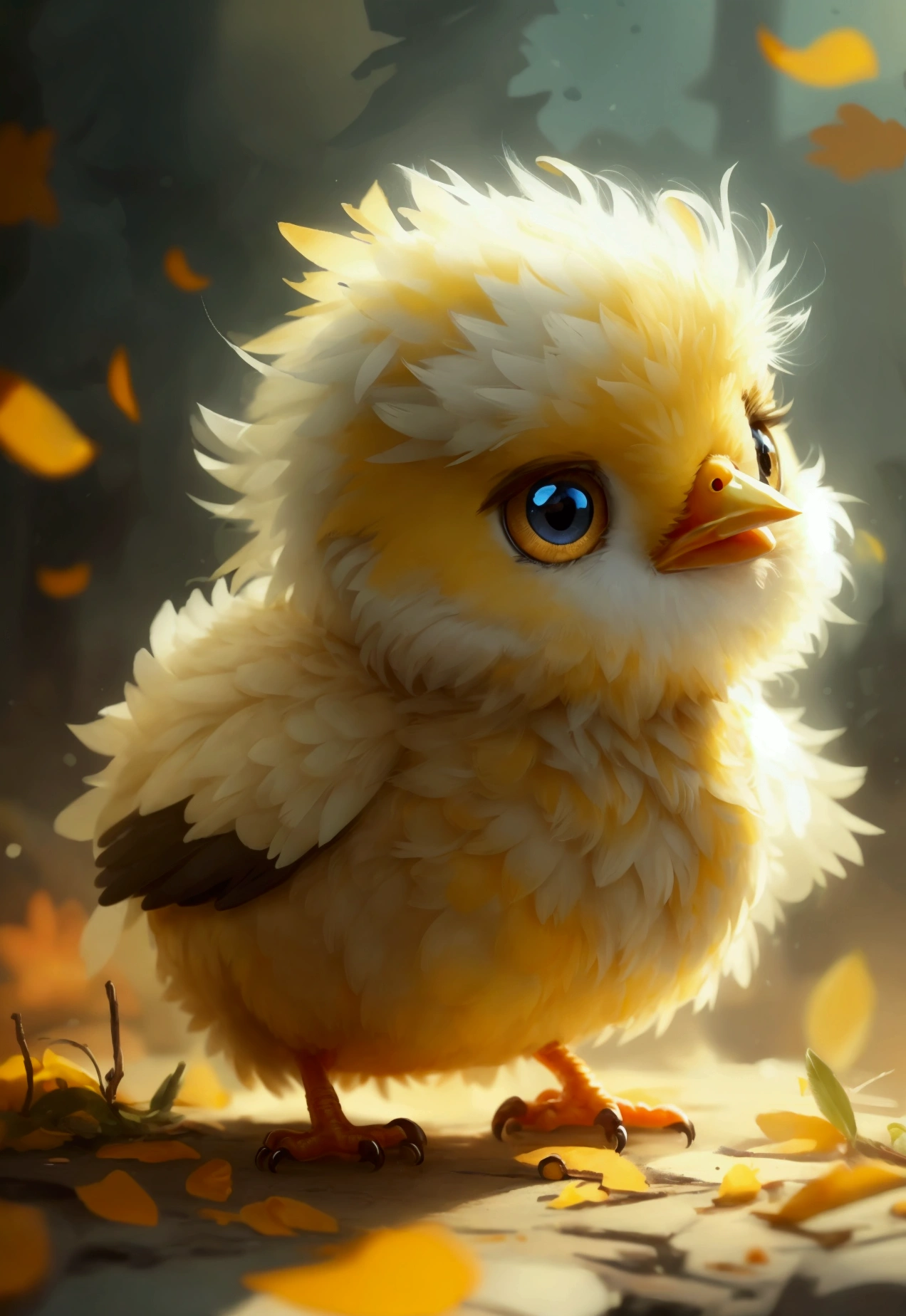Adorable male chick character, big expressive eyes, fluffy yellow feathers, tiny orange beak, cartoon style, cute and memorable, masterpiece quality