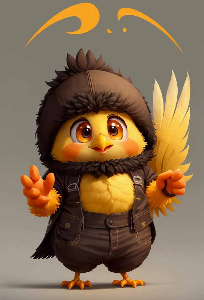 Adorable male chick character, big expressive eyes, fluffy yellow feathers, tiny orange beak, cartoon style, cute and memorable, masterpiece quality