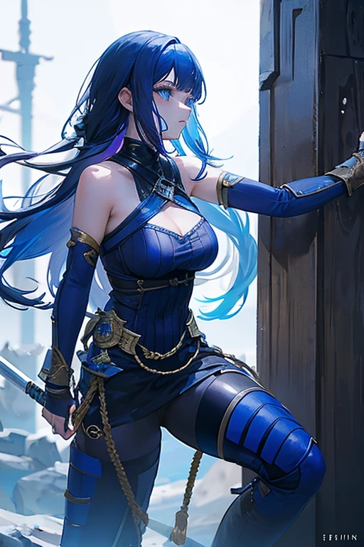 A deep blue-haired girl wields the Heavy Thrusting Swords from within the Elden Ring in a reverse grip.