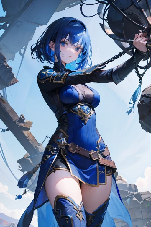 A deep blue-haired girl wields the Heavy Thrusting Swords from within the Elden Ring in a reverse grip.