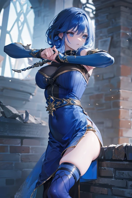 A deep blue-haired girl wields the Heavy Thrusting Swords from within the Elden Ring in a reverse grip.