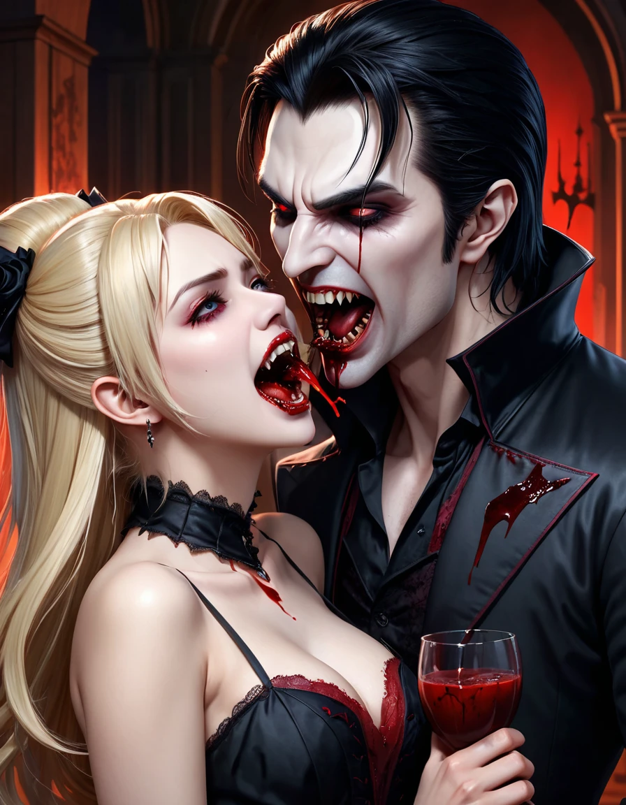 high quality 8k resolution, detailed and haunting, best quality, masterpiece, photorealistic, ultra-detailed, vampire, male with 2 large vampire fangs, full body, anime, rich, drinking blood from blonde woman neck, extra gore, vampire fangs, blood every where, woman have bite vampire bite mark on neck, blood from neck, male have black hair
