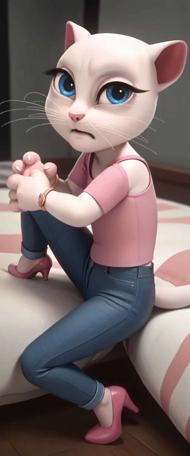 solo focus, a_la, 1girl, cat, white fur, long whiskers on both sides of the face, big bright blue eyes, big black eyelashes, pink nose, triangular ears with pink channels, high heels.jeans. 1 girl and 1 boy human. side view. in bed. woman on top
The man lies on his back on the floor with his legs closed. Woman sits on man
scream anal, lying, at home, looking back, big penis, 1 male rape, girl . Score_9, Score_8_up, Score_7_