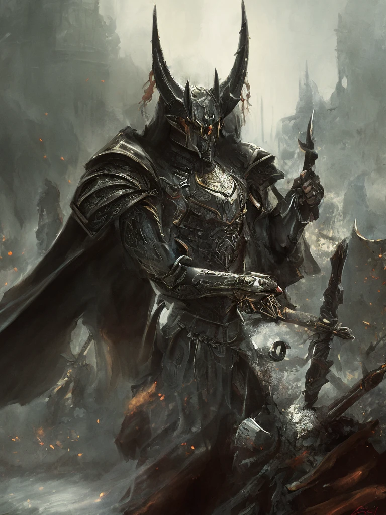 Close-up of a handsome but creepy knight from hell, on a battlefield, wearing intricate dark armor, horror concept art, dark fairytale atmosphere, Johan Grenier style, Alyssa Monks style