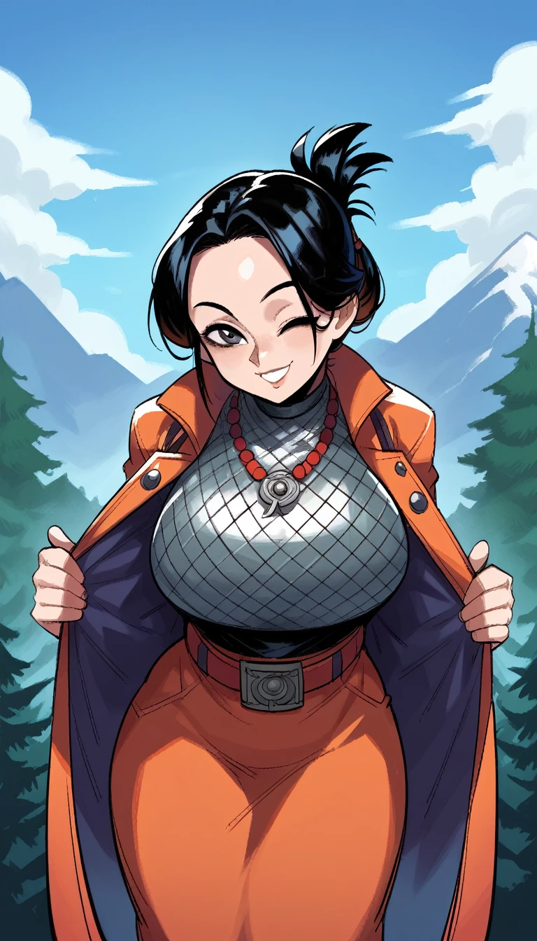 score_9, score_8_up, score_7_up, score_6_up, source_anime, 1girl, solo, folded ponytail, black hair, forehead protector, necklace, mesh bodysuit, belt, orange skirt, coat, big breasts, blue sky, mountains, forest, looking at you, japanese architecture, smile, wink, upper body, leaning forward