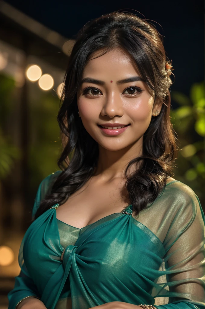 ultrarealistic hires close up photo of a 30-year-old sapa woman, outdoors, realistic skin texture, looking looking at camera, (Chiffon_saree_blouse:1.2), tied up hair, night time, smiling, beautiful bokeh background  