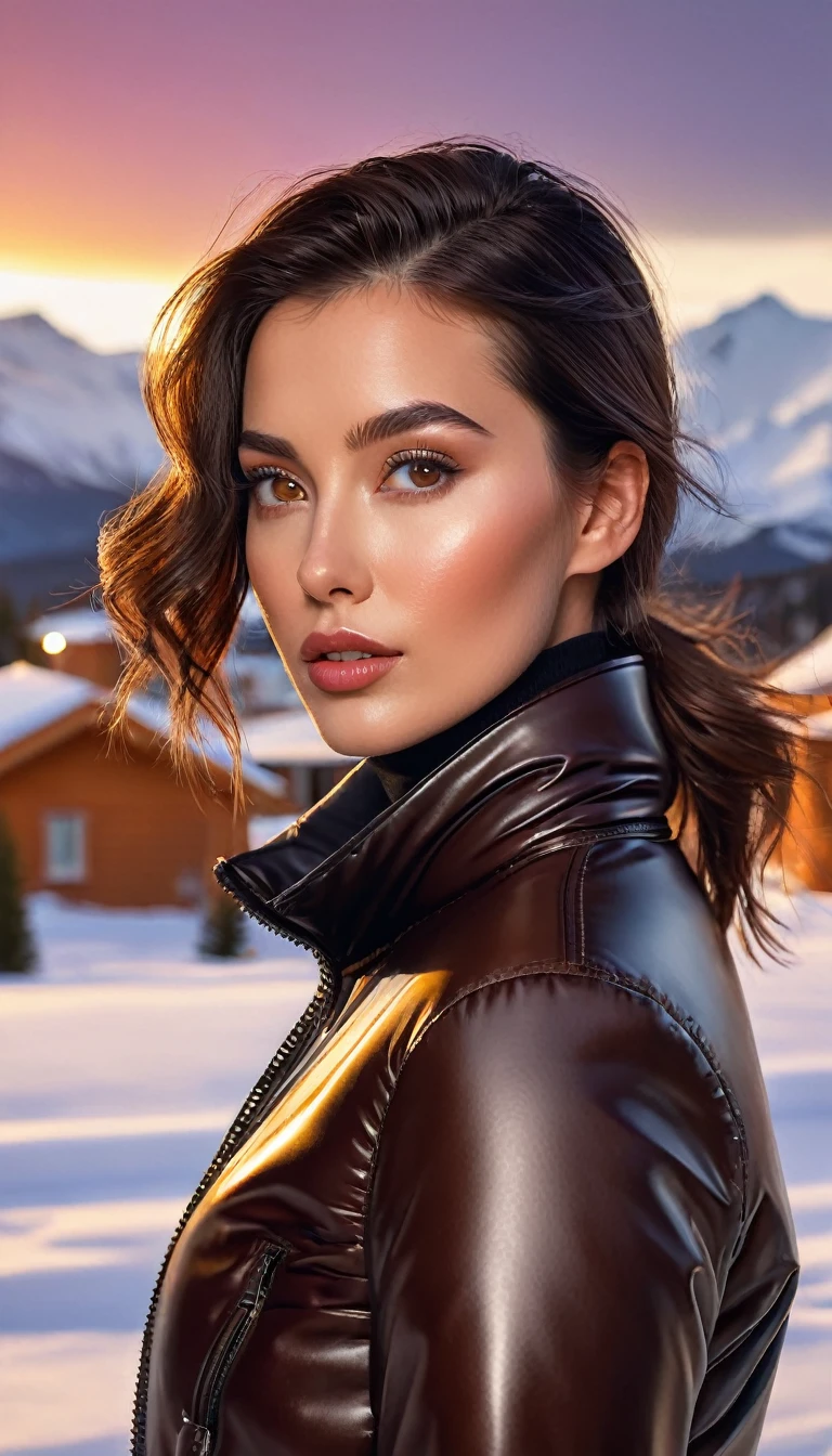 photorealism, upper body shot, a beautiful woman, (brown eyes) leather puffer down jacket & latex pants, leather choker, beautiful look, warm dreamy lighting, white background, volumetric lighting, Alaskan resort landscape sunset background, pulp adventure style, fluid acrylic, dynamic gradients, vivid color, highly detailed, simple, smooth and clean, smooth, character design, 3d shading, cinematic, ornate patterns, elegant organic framing, hyperrealism, posterized, collection of masterpieces, lush vivid colors, twilight, wet gouache