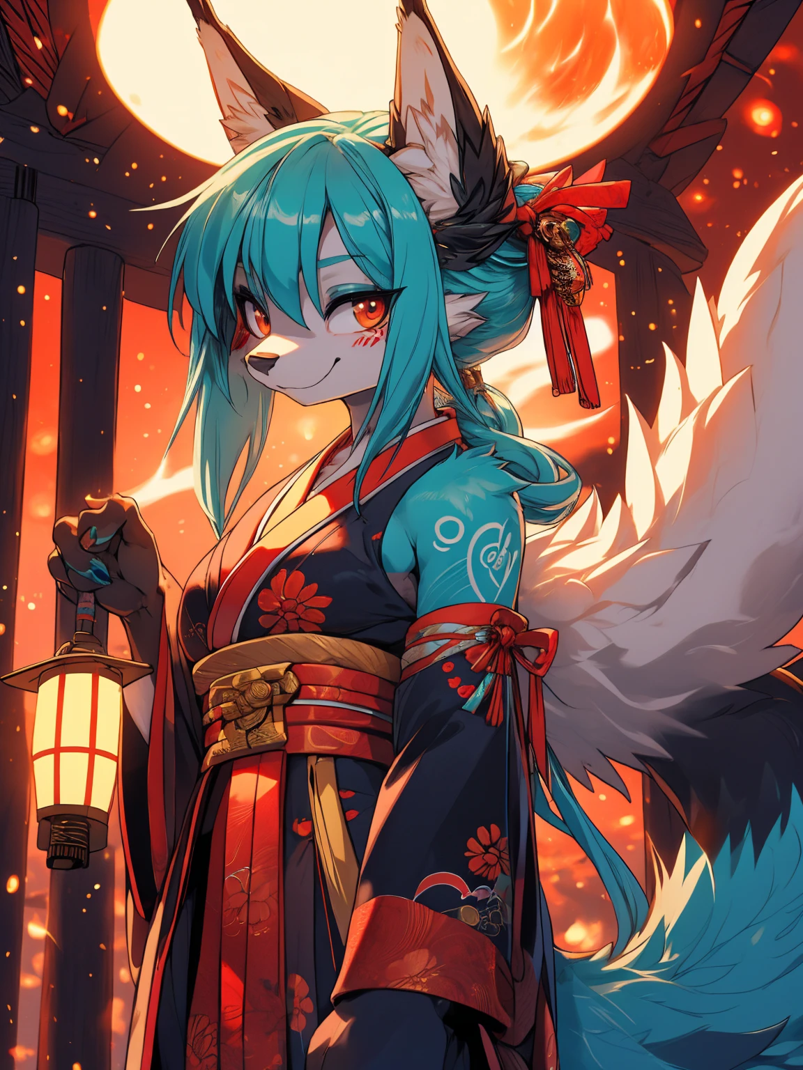 Miku Hatsune, add high definition_detail:1, blue fur,kitsune ears, tribal tattoo add_detail:1, showing off her beautiful figure, japanese shrine costume outfit, japanese magical shrine add_detail, Eclipse solar, smiling add_detail:1