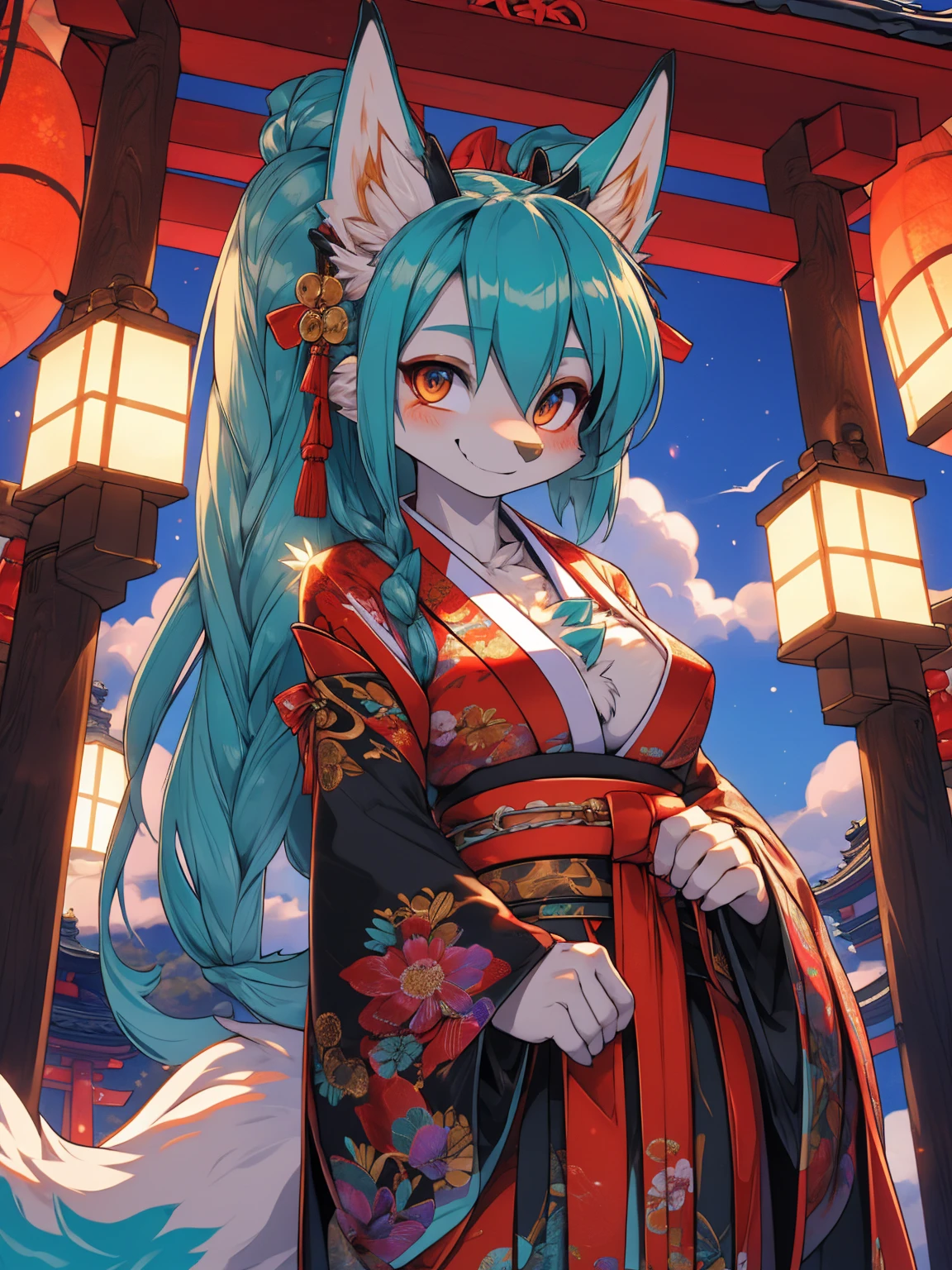 Miku Hatsune, add high definition_detail:1, blue fur,kitsune ears, tribal tattoo add_detail:1, showing off her beautiful figure, japanese shrine costume outfit, japanese magical shrine add_detail, Eclipse solar, smiling add_detail:1