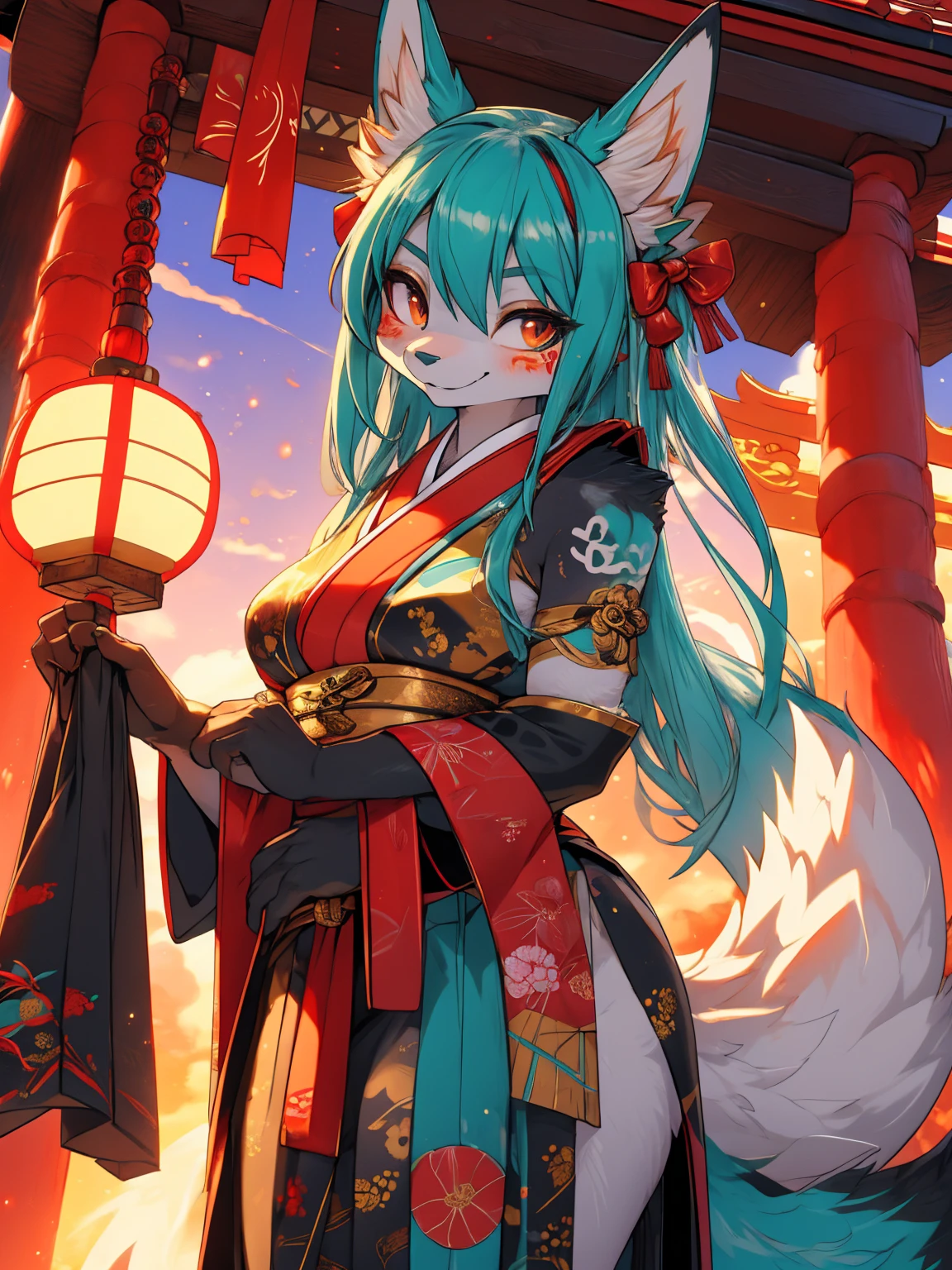 Miku Hatsune, add high definition_detail:1, blue fur,kitsune ears, tribal tattoo add_detail:1, showing off her beautiful figure, japanese shrine costume outfit, japanese magical shrine add_detail, Eclipse solar, smiling add_detail:1