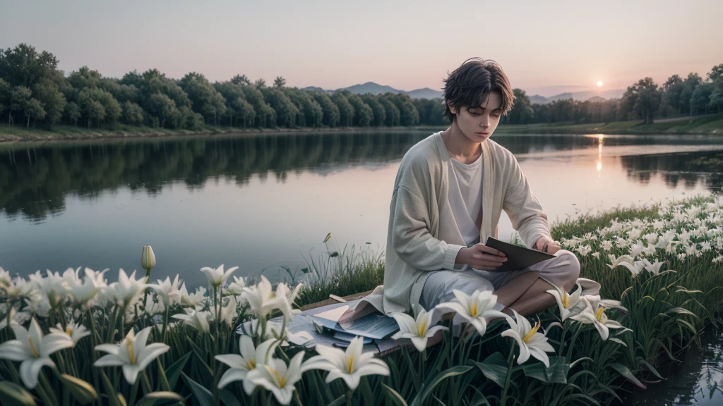 Draw a young poet, sitting by a lake at dusk. His expression is serene and contemplative, and he is surrounded by a soft, colorful glow emanating from his verses written on parchment around him. In the background, fields of white lilies symbolizing purity and serenity